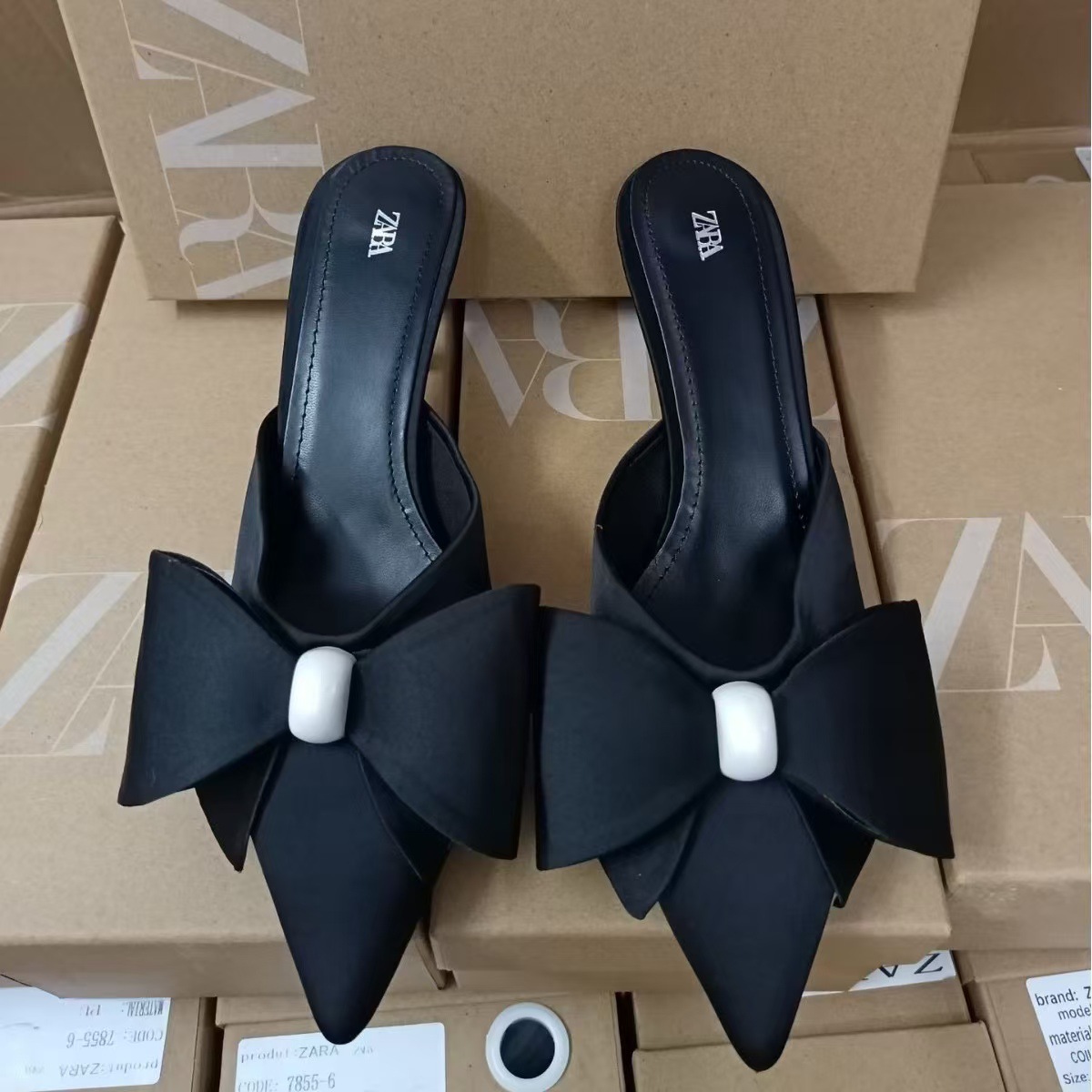 ZA2024 Autumn New Women's Shoes Artificial Pearl and Black Silk Bow Decoration Pointed High Heels Baotou Slippers