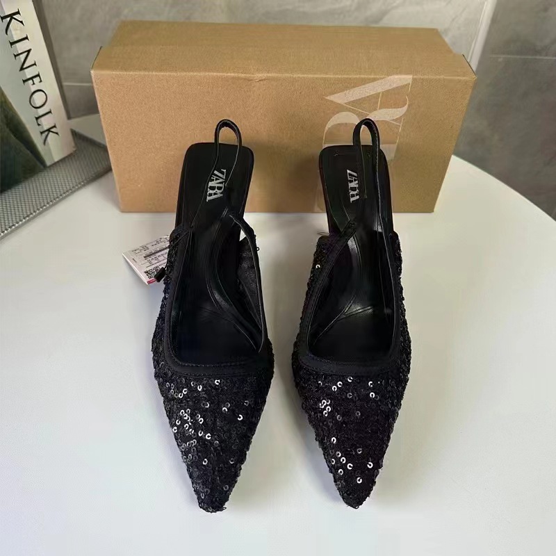 ZA 2024 Summer New Shallow Mouth Pointed Single Shoes for Women, Shining High Heels, Thin Heels, Sandals, Rear Strap Women's Shoes