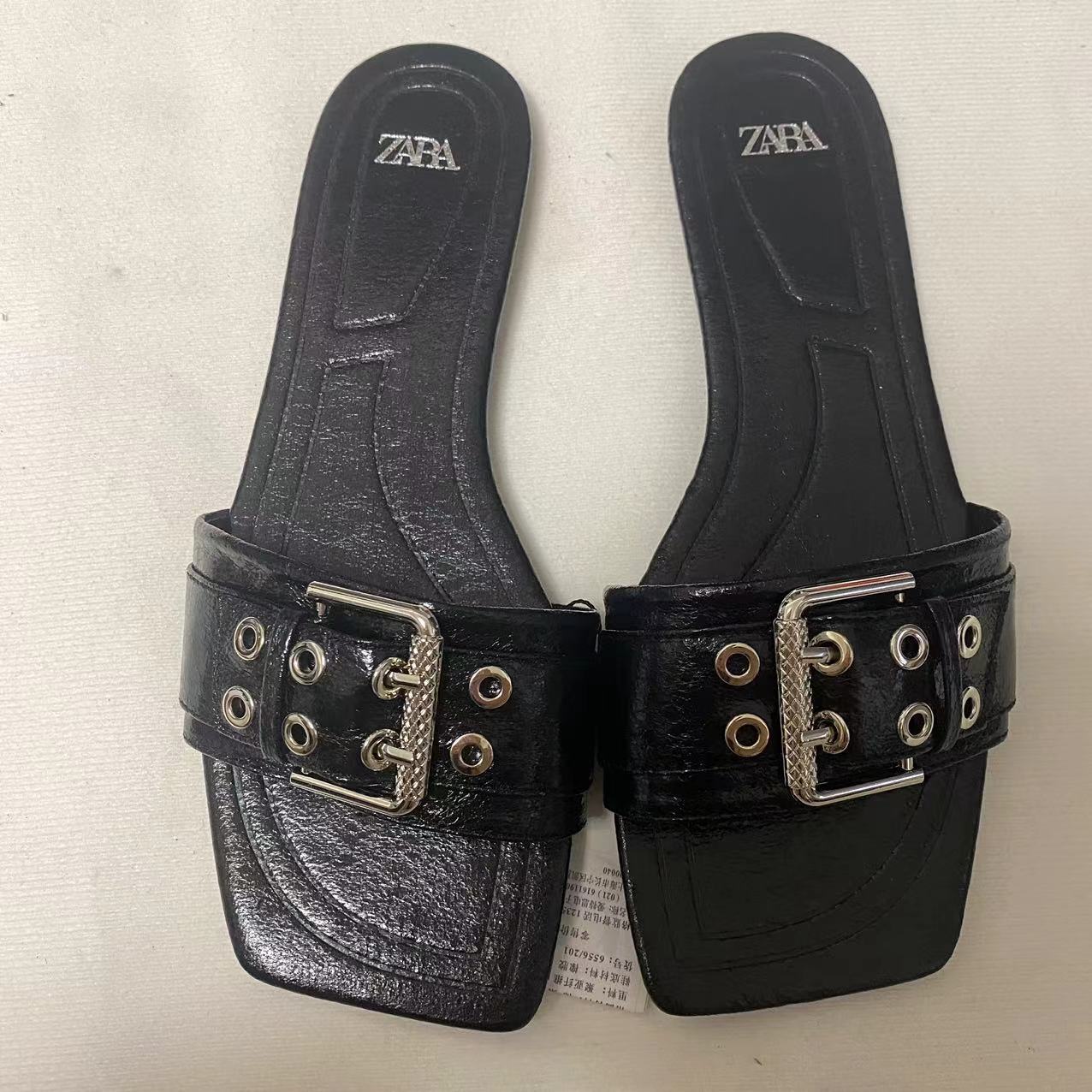 ZA new 2024 women's shoes summer easy to match square button flat sandals for women, fashionable and casual outdoor sandals