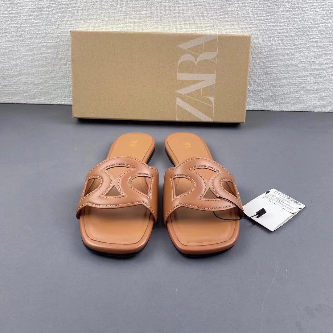 ZA2024 Summer New TRF Women's Shoes Brown Hollow out Water Diamond Decorative Flat Sandals Casual Versatile Slippers for Women