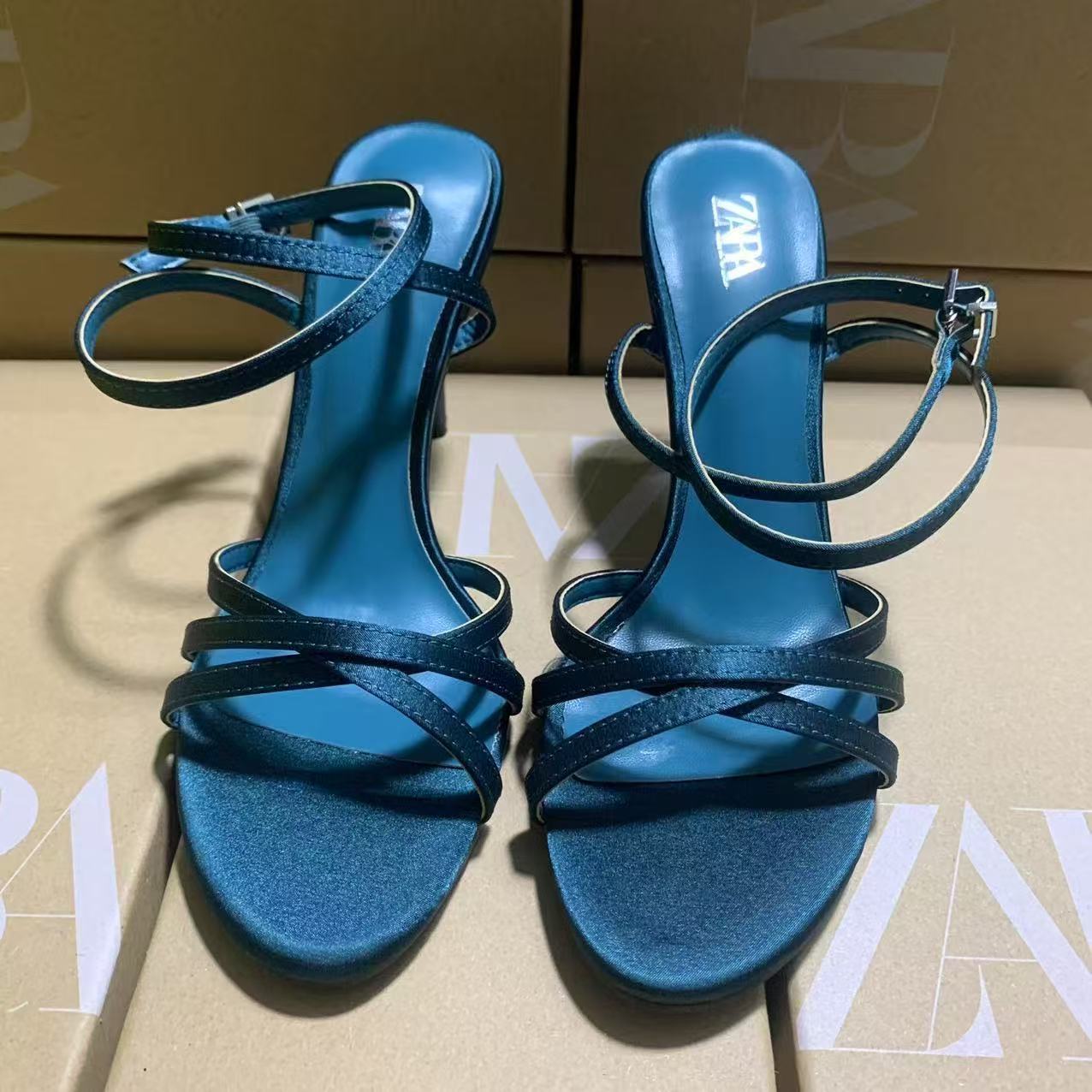 ZA Home 2025 New French High Heels Women's Shoes with Pointed Fine Strap Cross Buckle Fashion Dew Heel Sandals Women's Peacock Green