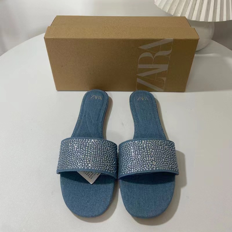 ZA summer new 2024 women's shoes blue denim with rhinestone decoration square toe open toe flat sandals for women