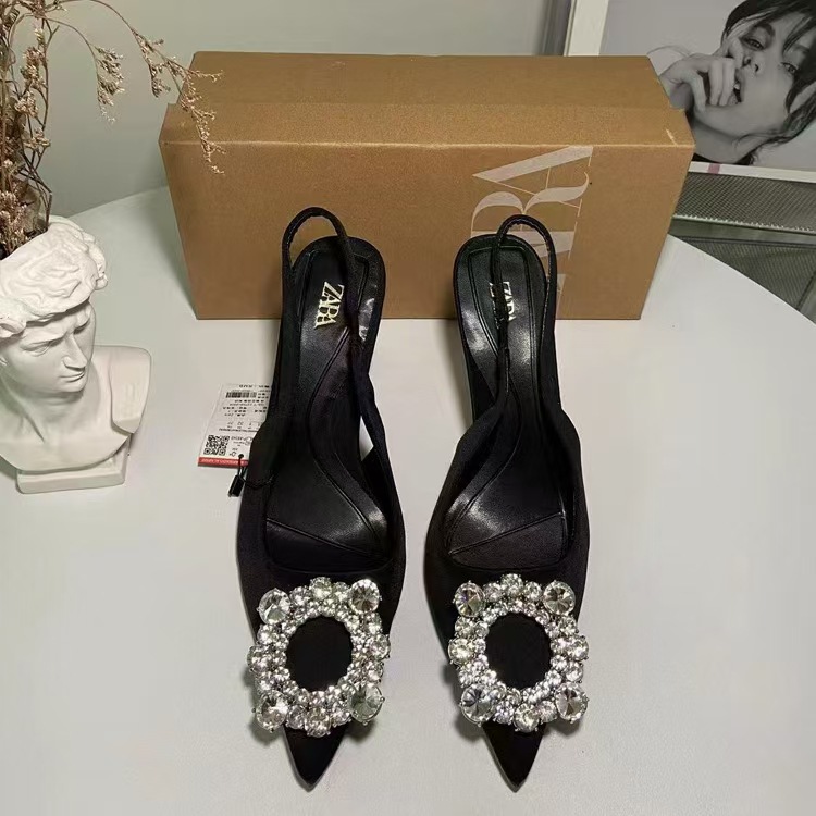 ZA DTM2024 Spring New Style Thin Heel Shallow Mouth Black High Heel Pointed Temperament Small Fragrant Style Muller Shoes Single Shoes for Women