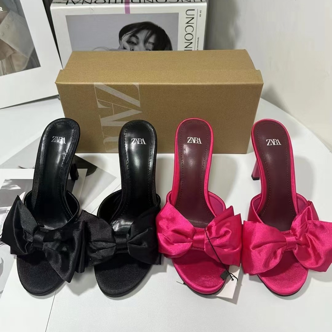 ZA2024 Summer New Women's Shoes Pink Bow High Heels Slippers Round Headed Back Hollow Stiletto High Heels Sandals