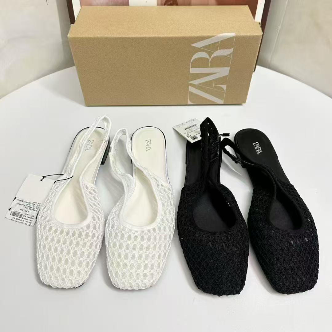 ZA Korean version mesh fishing net toe cap sandals for women, 2025 new summer niche flat back empty sandals, single shoe for women