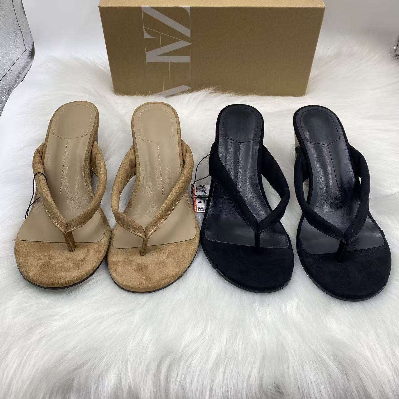 ZA new 2025 summer square toe slim toe flip flops sandals for women with kitten heels and M ü ller shoes, fashionable single shoes for women