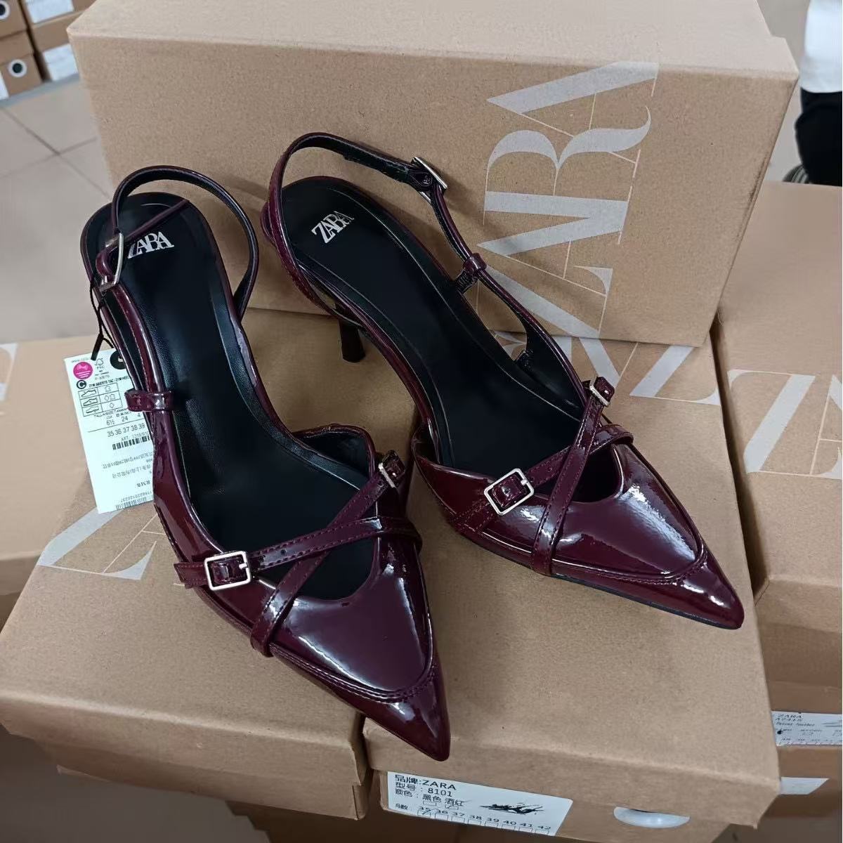 ZA2024 Autumn New Women's Shoes with Crimson Cross Buckle and Decorative Pointed High Heels Sandals, British Style Mill Shoes