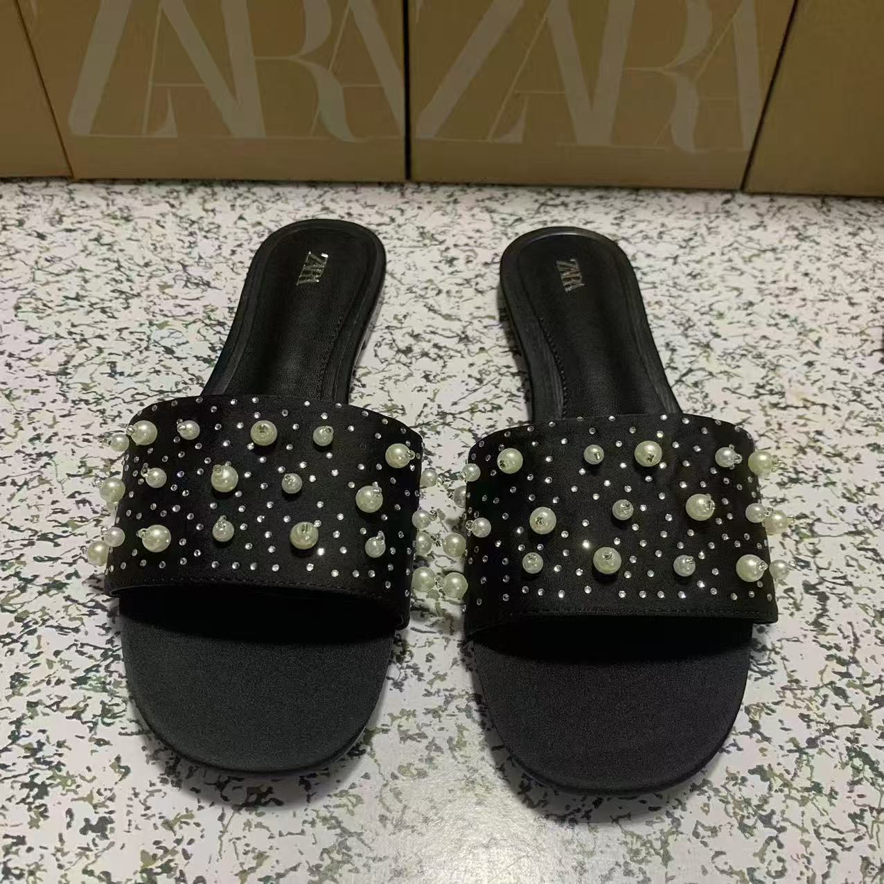 ZA Home 2025 New Women's Shoes Foreign Trade Direct Sales New Metal Willow Nail Flat Slippers Square Head Women's Shoes Versatile