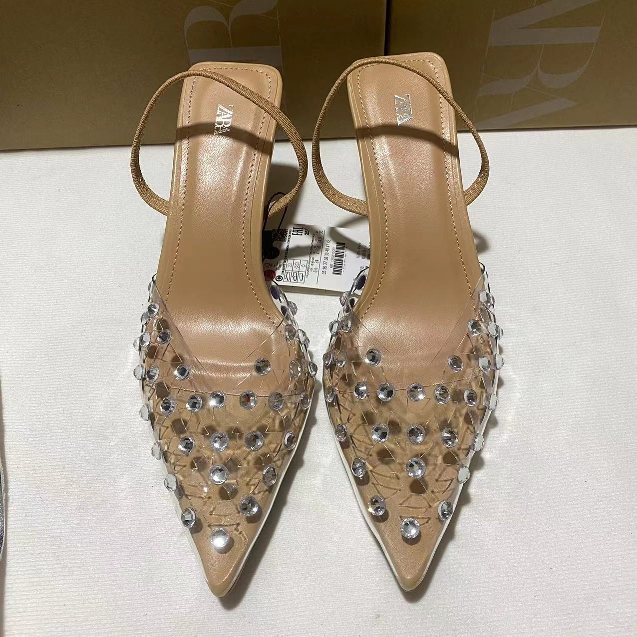 ZA Baotou Transparent Sandals for Women 2024 New Water Diamond European and American Style Versatile Pointed High Heels