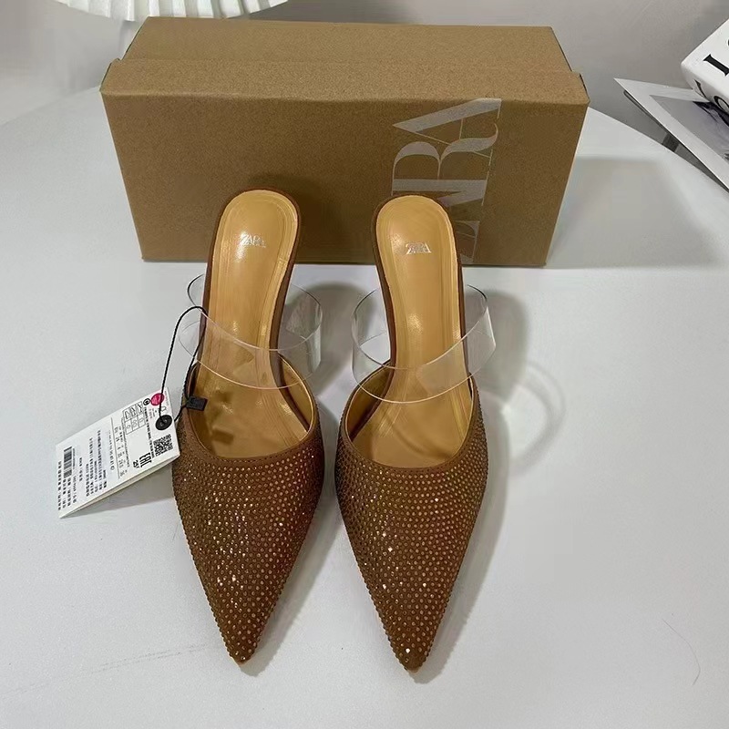 ZA Summer New Product 2024 High Heels Pointed Water Drill Decoration Baotou Fashion Shallow Mouth PVC Back Air Fine Heel Sandals for Women