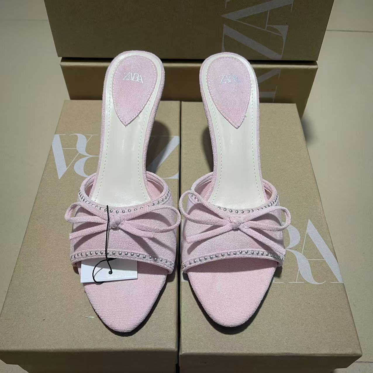 ZA2024 Summer New Butterfly Knot Accessories High Heels One Line Sandals for Wearing Women's Shoes Externally