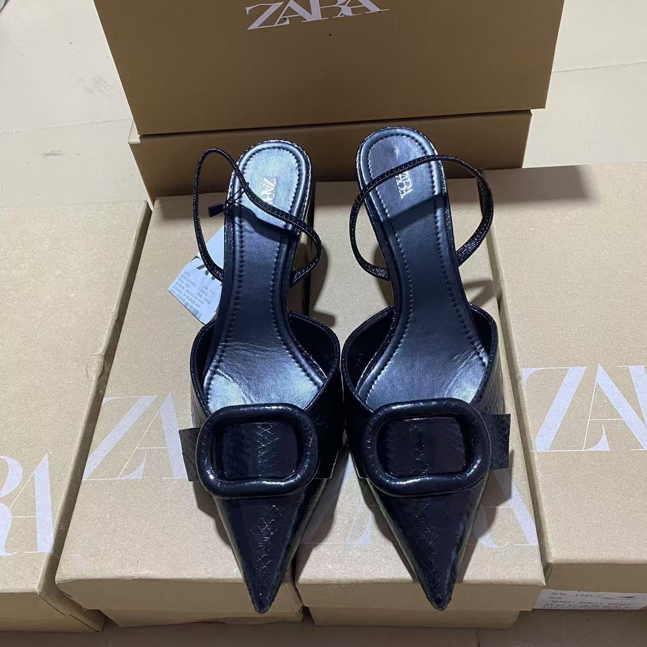 ZA2024 Autumn New Serpentine Pointed Shallow Mouth Square Buckle Decoration Rear Tripping Strap Stiletto Muller Shoes Baotou Women's Shoes