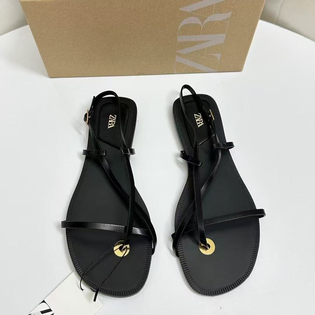 ZA Home 2025 Summer New French Heel Clip Toe Bohemian Strap Flat Shoes for Women, Summer Fashion Versatile