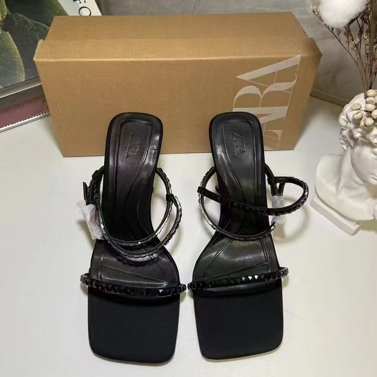 ZA New Product 2024 Fashionable French Black High Heels Square Head with Water Diamond Decoration, Bare Toe Strap Sandals for Women