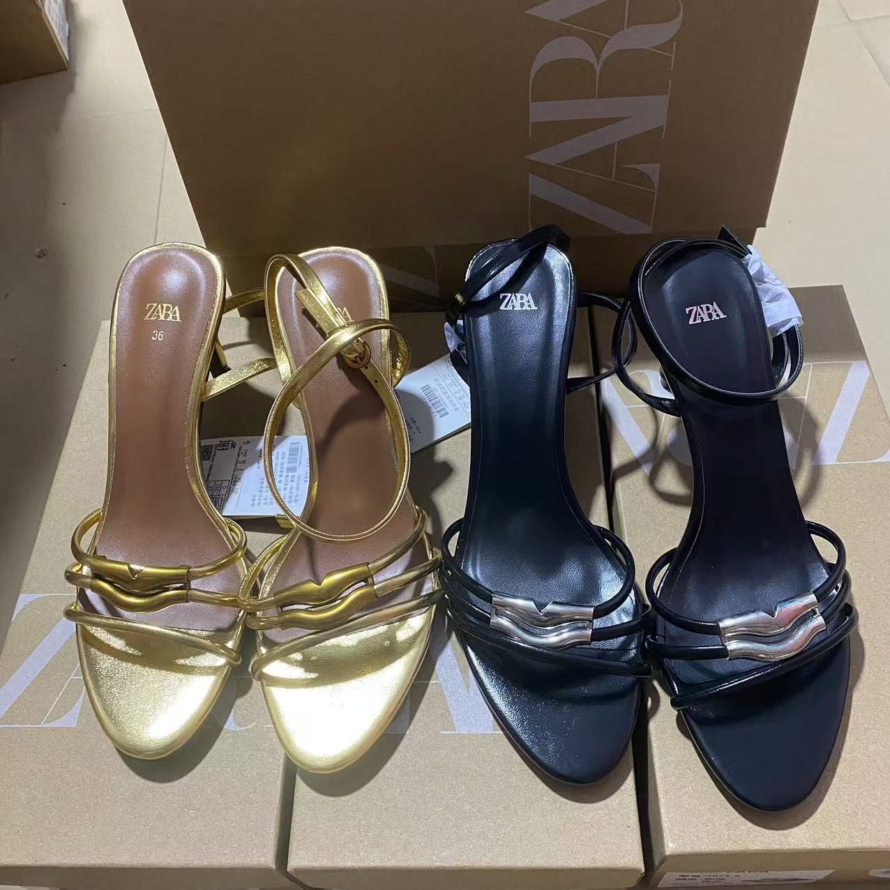 ZA Women's Shoes 2024 Summer New Women's Shoes High Heels with Bare Toes, Gold One Line Strap, Thin Heel, Strap Back Women's Shoes