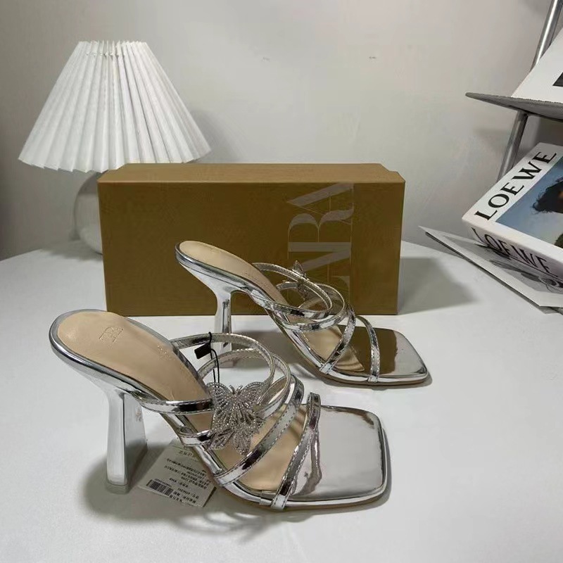 2024ZA new summer high-heeled women's shoes with a straight strap, shallow mouth, square head, metal bow decoration buckle, silver back, air cool