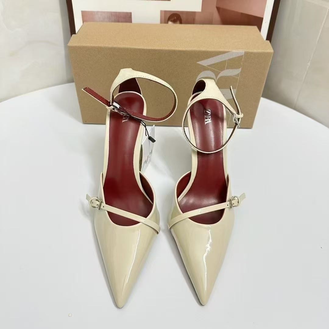 ZA2025 Summer New Pointed Shallow Mouth Wine Red Lacquer Leather High Heels with One Button and Thin Strap for Women