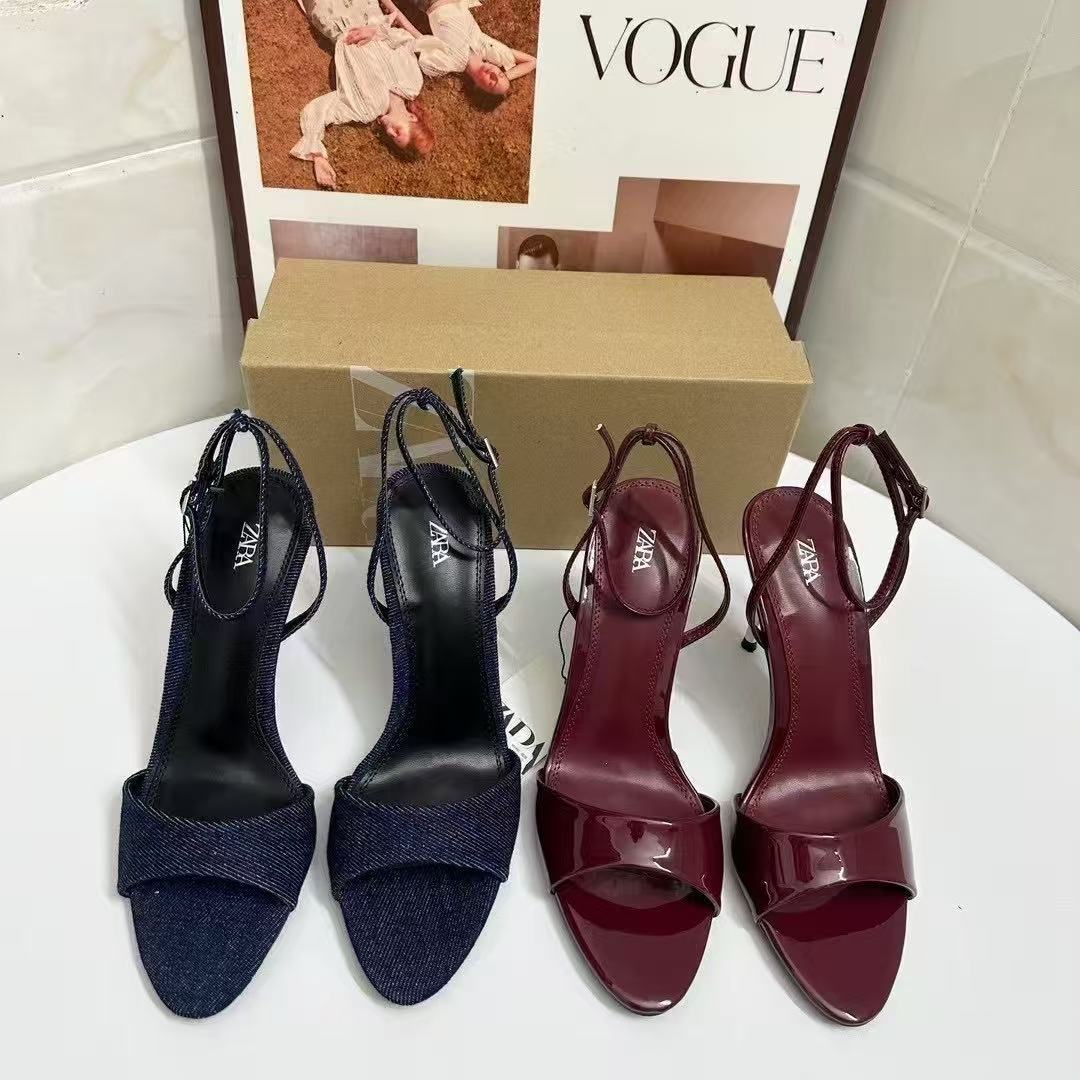 ZA2025 new fashionable open toed women's shoes in navy blue, with a minimalist style and a European and American style buckle