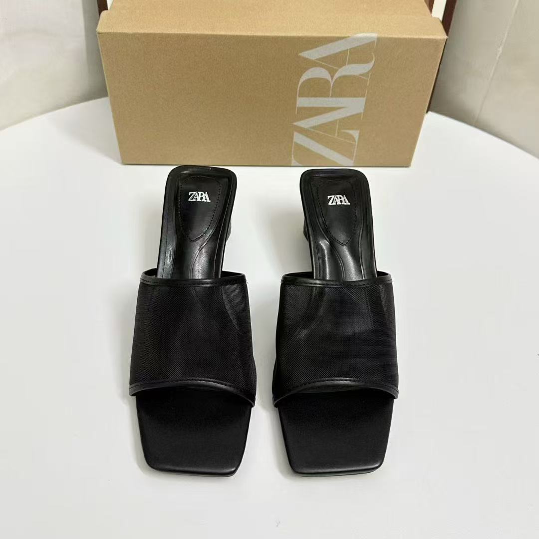 ZA2025 New French style Exquisite Square Head Mesh Open Toe One Word Slippers for Summer Outerwear, No Fatigue for Feet, High Heels, Coolers