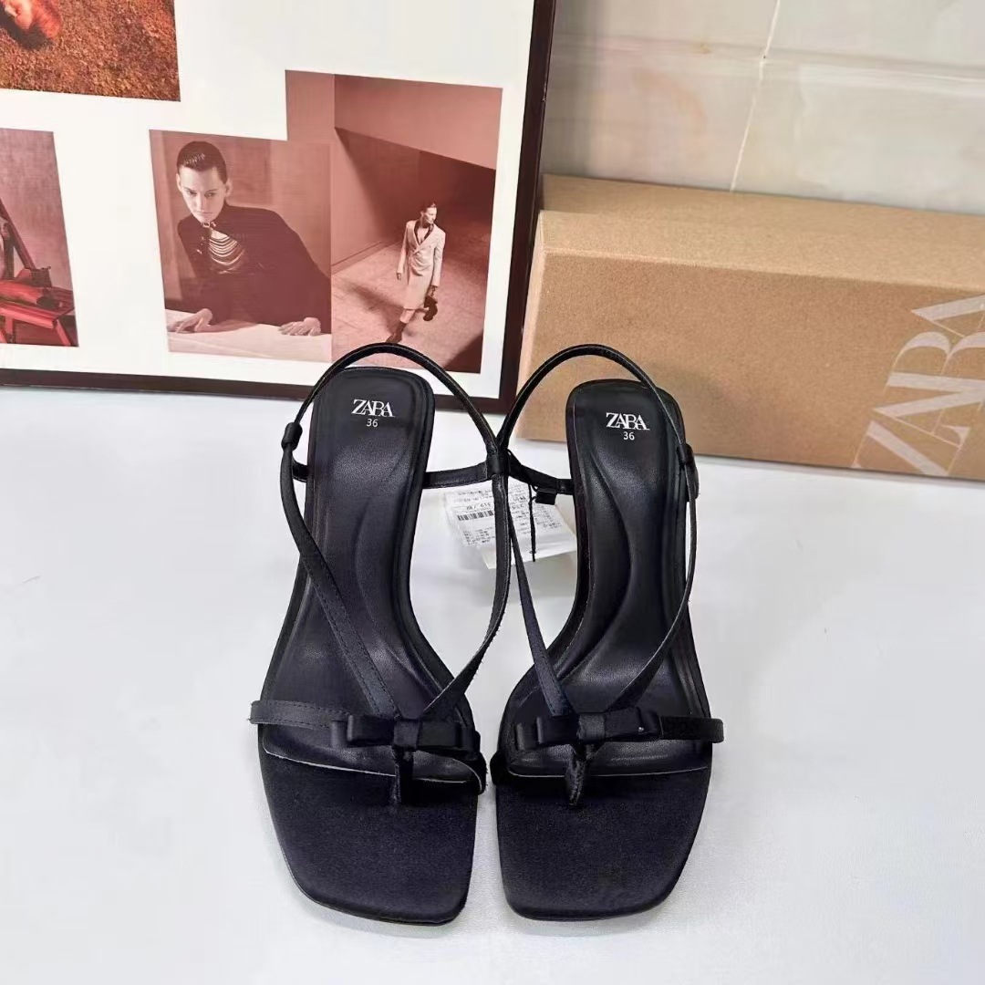 ZA 2024 Summer New Butterfly Knot Leather High Heel Sandals for Women's Outerwear, Pinch Foot, Open Toe, Middle Heel Sandals, Cool Drag