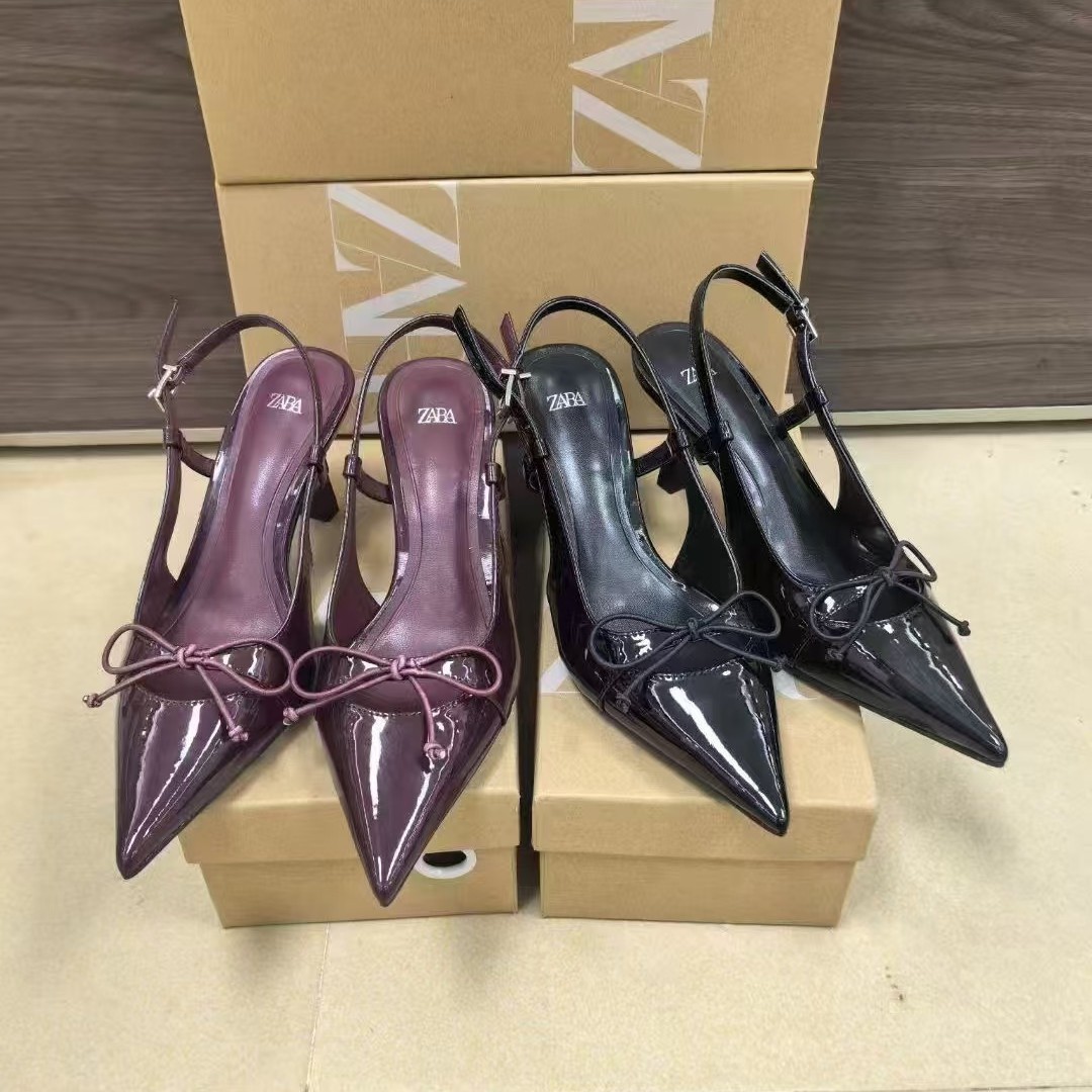 ZA2024 Autumn New High Heels Black Lacquered Leather Bow Pointed Fine Heels Rear Tripping Strap Shallow Sandals Women's Shoes
