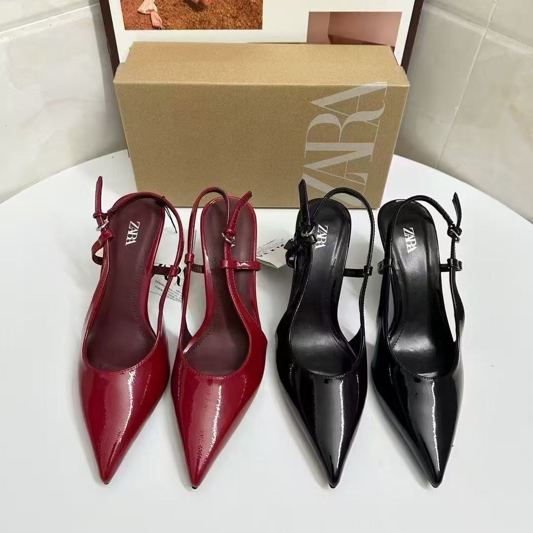ZA2025 Spring New Women's Shoes Red Lacquer Leather Dew Heel Pointed High Heels Single Shoes with One Button and Muller Shoes