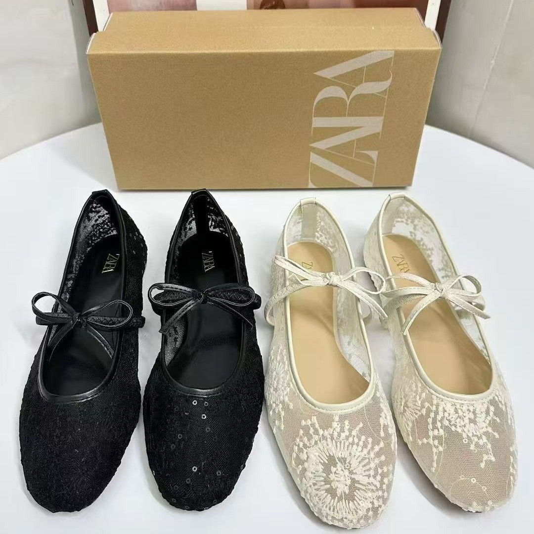 ZA Autumn New Product 2025 New Chinese Style 3cm Breathable Lace Hollow Single Shoes Butterfly Knot with Skirt Scoop Shoes for Women