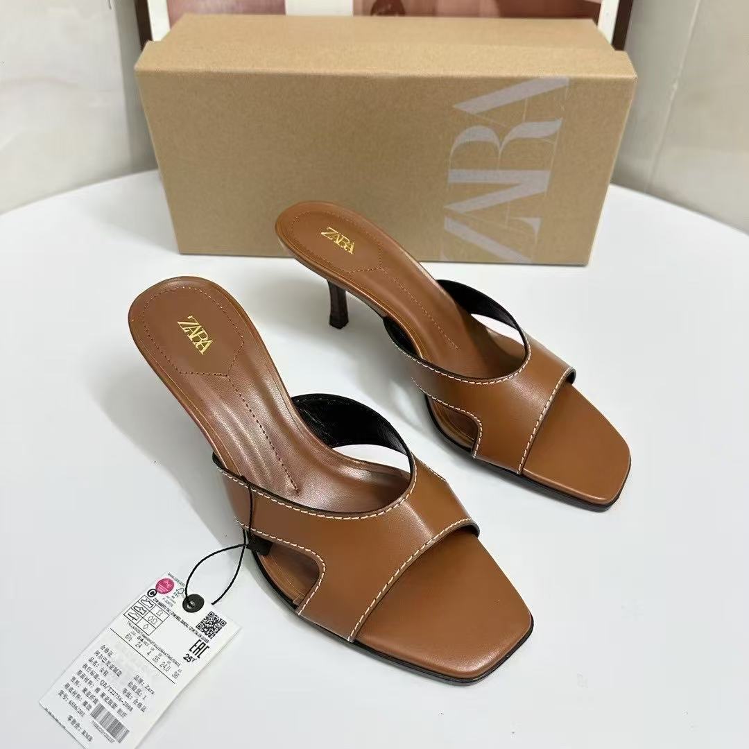 Za2025 Summer Retro Brown Threaded Decorative Square Head Slippers, Stiletto High Heels Sandals, One Line Trailer Sewing Style
