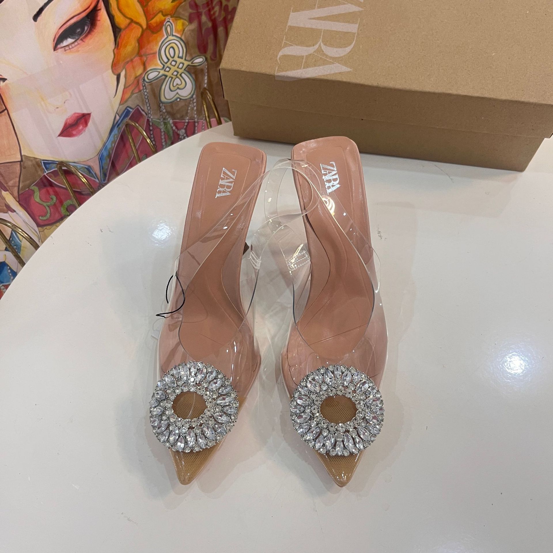 ZA2024 Summer New Women's Shoes Transparent Water Diamond Charm Fairy Crystal Muller Shoes High Heels Pointed Sandals for Women