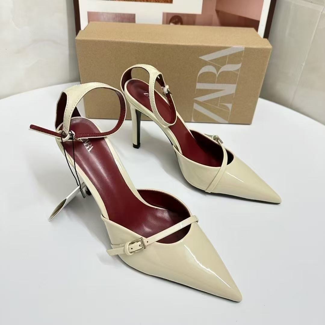 ZA2025 Summer New Pointed Shallow Mouth Wine Red Lacquer Leather High Heels with One Button and Thin Strap for Women ZA2025 Summer New Pointed Shallow Mouth Wine Red Lacquer Leather High Heels with One Button and Thin Strap for Women