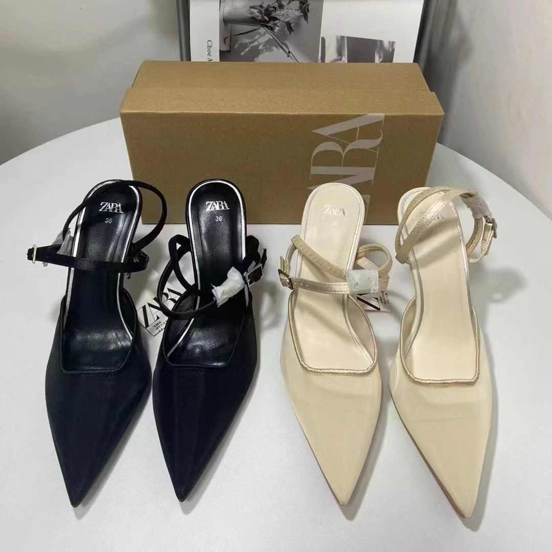 ZA New 2024 Summer French Pointed Fine Heel Shallow Mouth Splicing Silk Back Strap Pink Fashion Single Shoes for Women