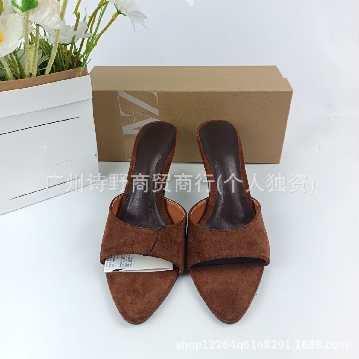 ZA2024 Summer New Collection: Suede Round Head, Exposed Toes, Fine High Heels, Cool Dragging, Women's Fashion, Versatile, Elegant, Sheep Anti Fleece, Simple