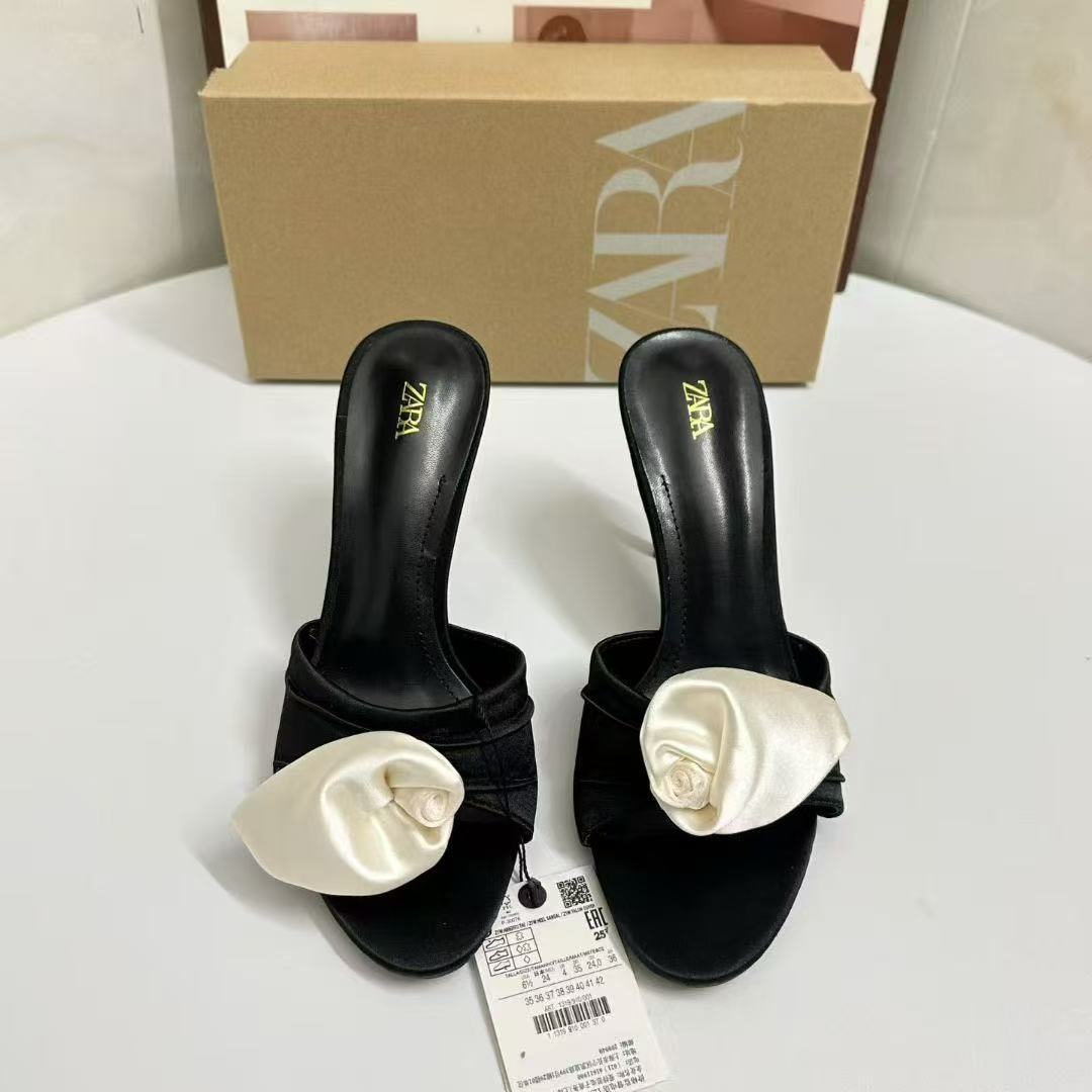 ZA French Flower Fashion Style Outerwear Slippers for Women 2025 Summer New Versatile, Small Heel, Square Head, Exposed Toe, One Word