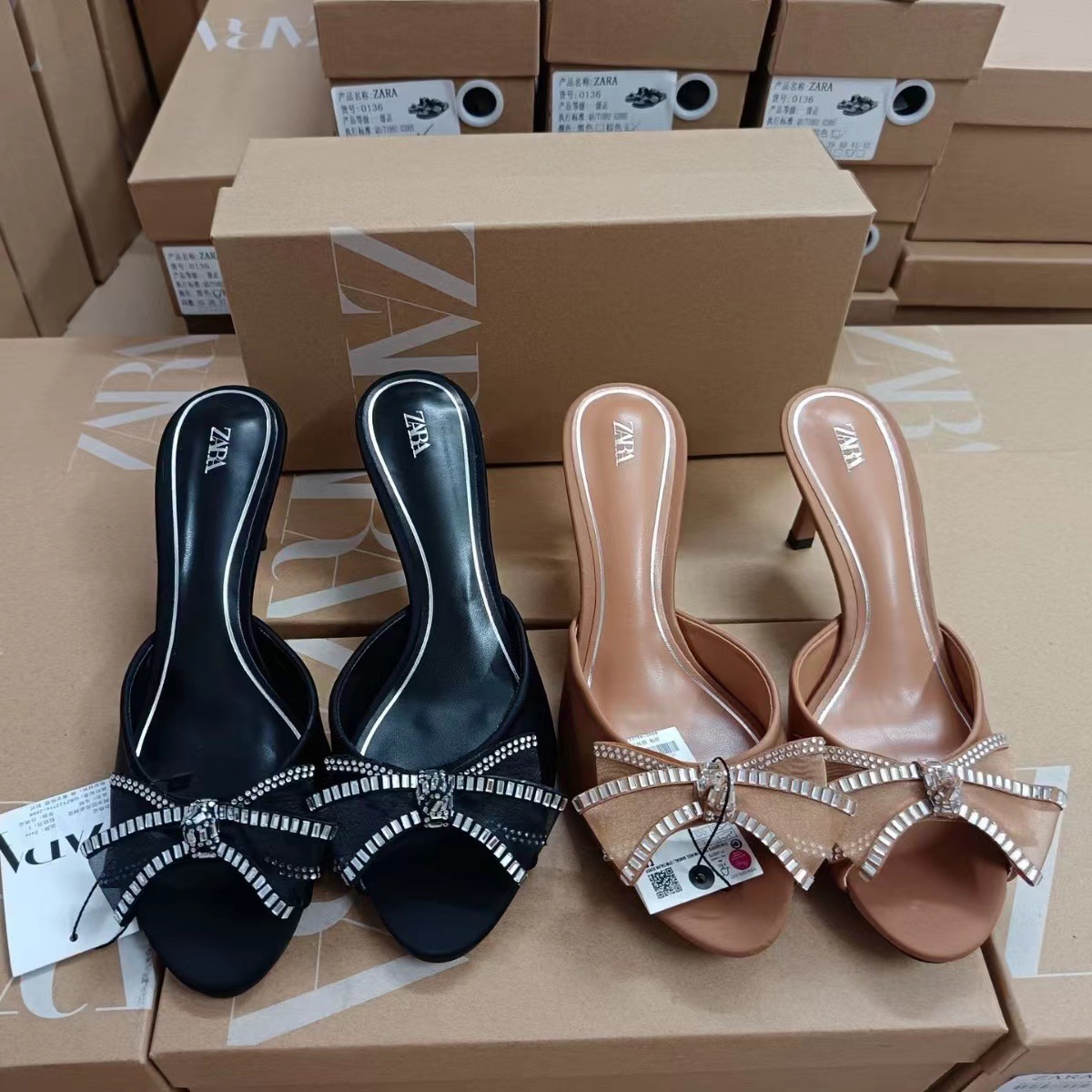 ZA2024 Summer New Water Diamond Bow Decoration European and American High Heels Women's Shoes Daily Outerwear Sandals Women
