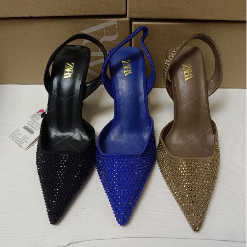 ZA summer new 2024 high-heeled women's shoes with French pointed rhinestone decoration, fashionable back strap, exposed heel, slim follow-up shoes for women