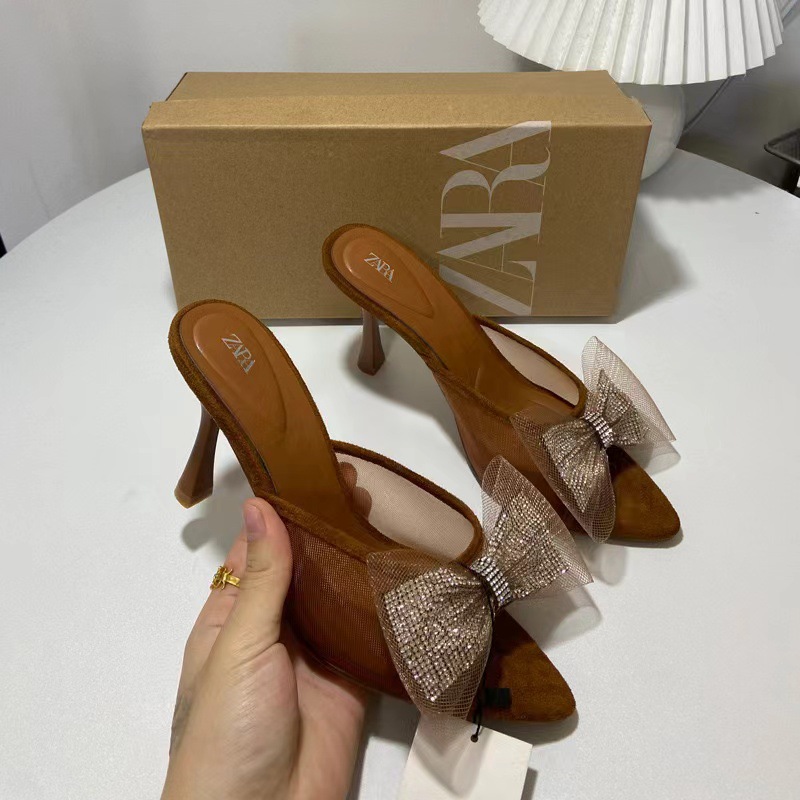 ZA new 2023 high-heeled shoes with French pointed bow decoration, color blocked light mouth fashion, back strap, exposed heel sandals for women