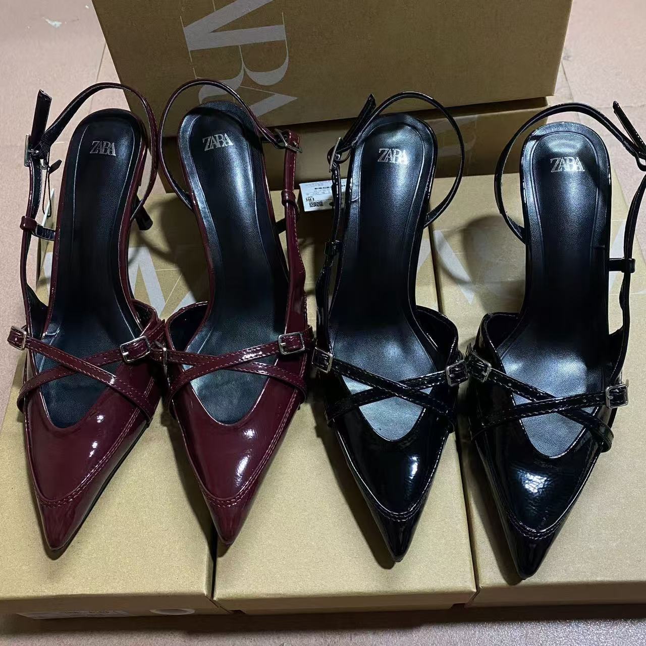 ZA manufacturer 2024 summer foreign trade cross buckle strap decoration pointed high-heeled sandals British style Muller women's shoes