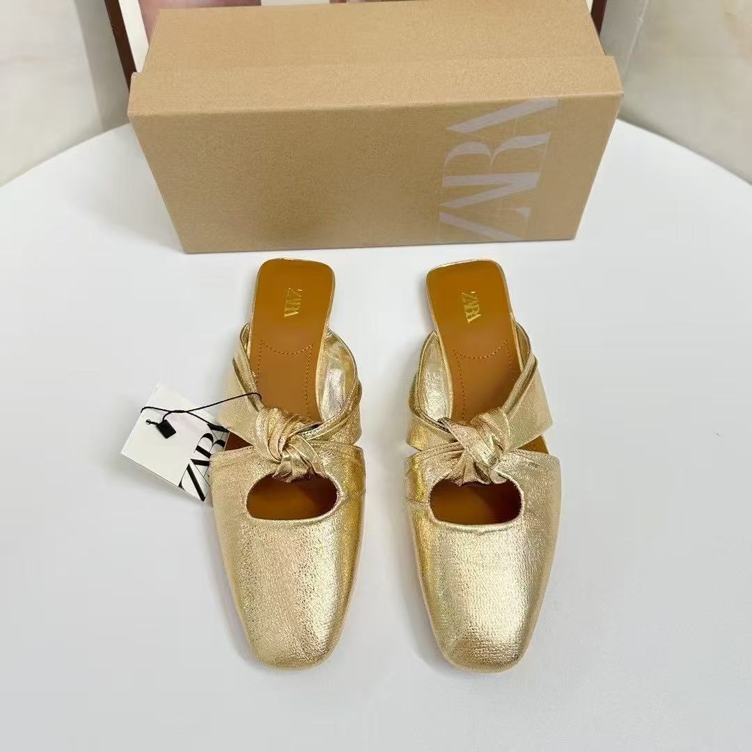 ZA Women's Shoes Spain 2025 Autumn Baotou Golden Knot Decoration Flat Bottom Empty Fashion Women's Shoes