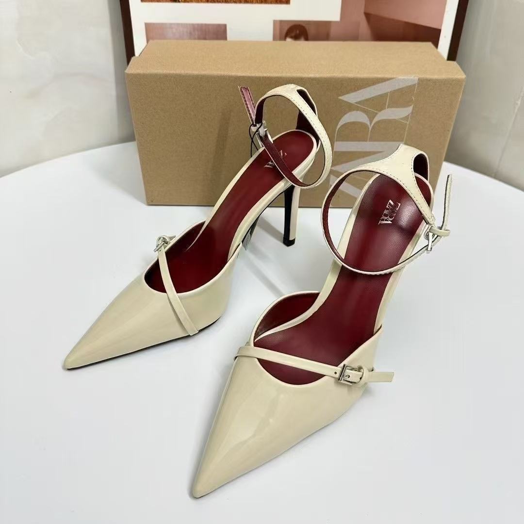 ZA2025 Summer New Pointed Shallow Mouth Wine Red Lacquer Leather High Heels with One Button and Thin Strap for Women ZA2025 Summer New Pointed Shallow Mouth Wine Red Lacquer Leather High Heels with One Button and Thin Strap for Women