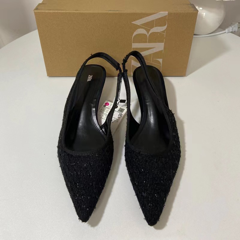 ZA2024 Spring New High Heels Pointed Black Beads Middle Heels Thin Heels Women's Sandals Small Fragrant Style Women's Shoes