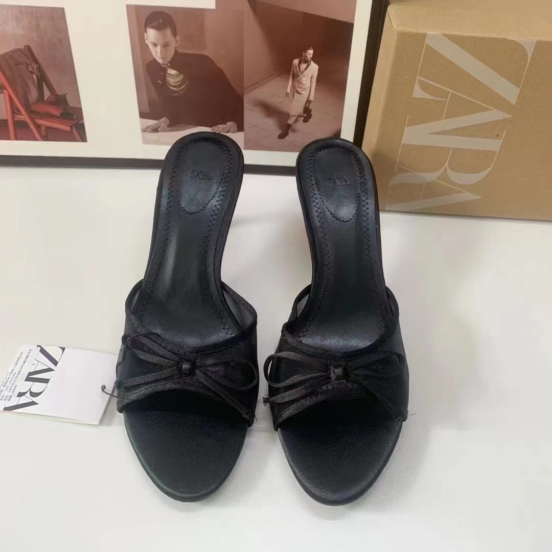 ZA summer new 2024 French pointed high-heeled shoes with a bow decoration and exposed toes, with an empty heel and half coolness