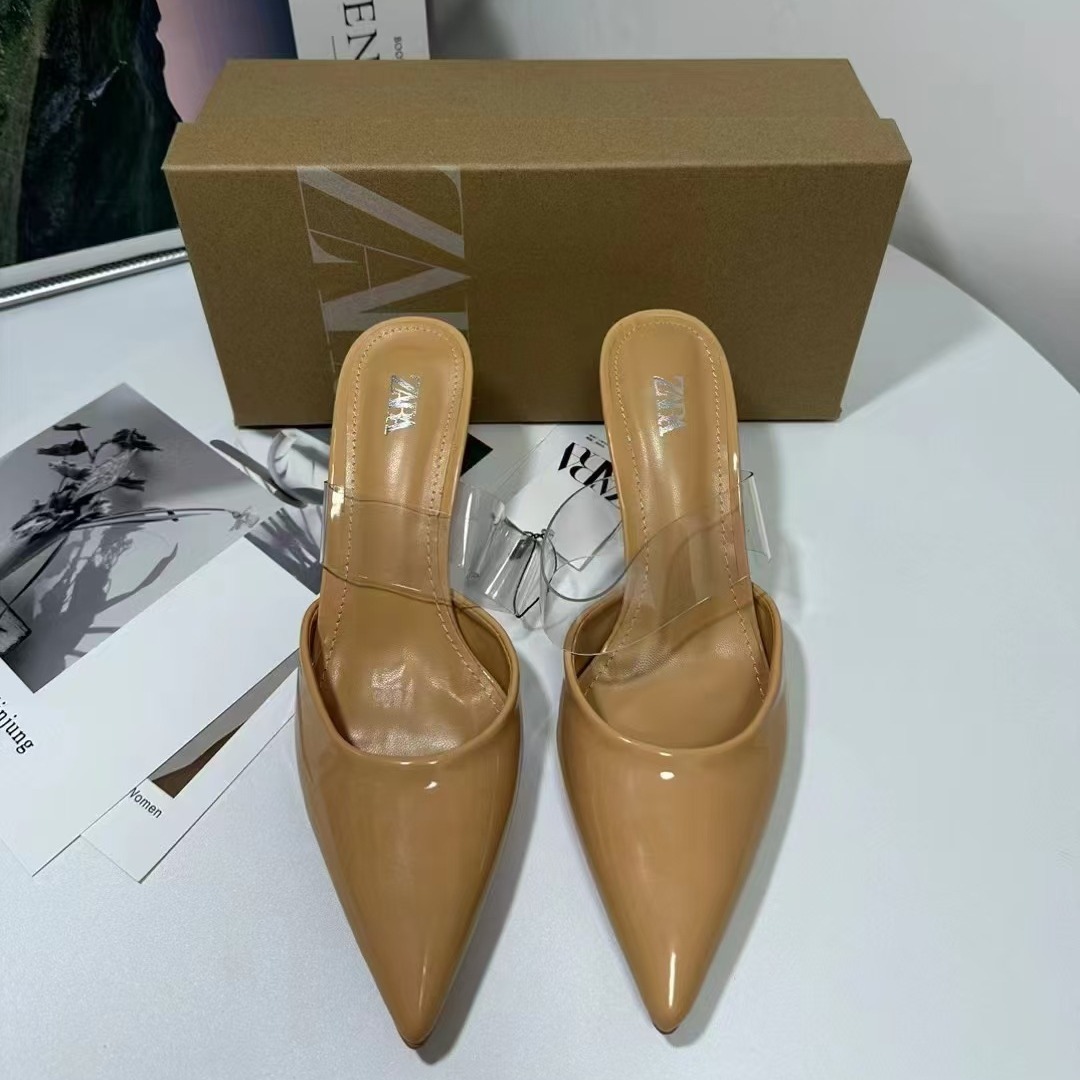 ZA Summer 2024 New Lacquer Leather Pointed High Heels for Women with Transparent Headband, Wearing Thin Heels Fashion Sandals Outside