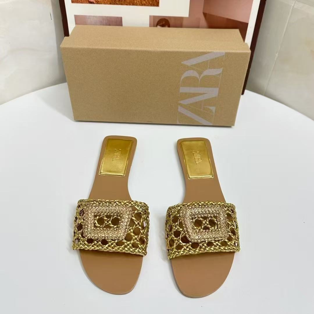 2025 Summer New Type One Word Cool Slippers, Women's Round Head High Heels, Knitted Hollow Apricot colored Women's Shoes Wholesale