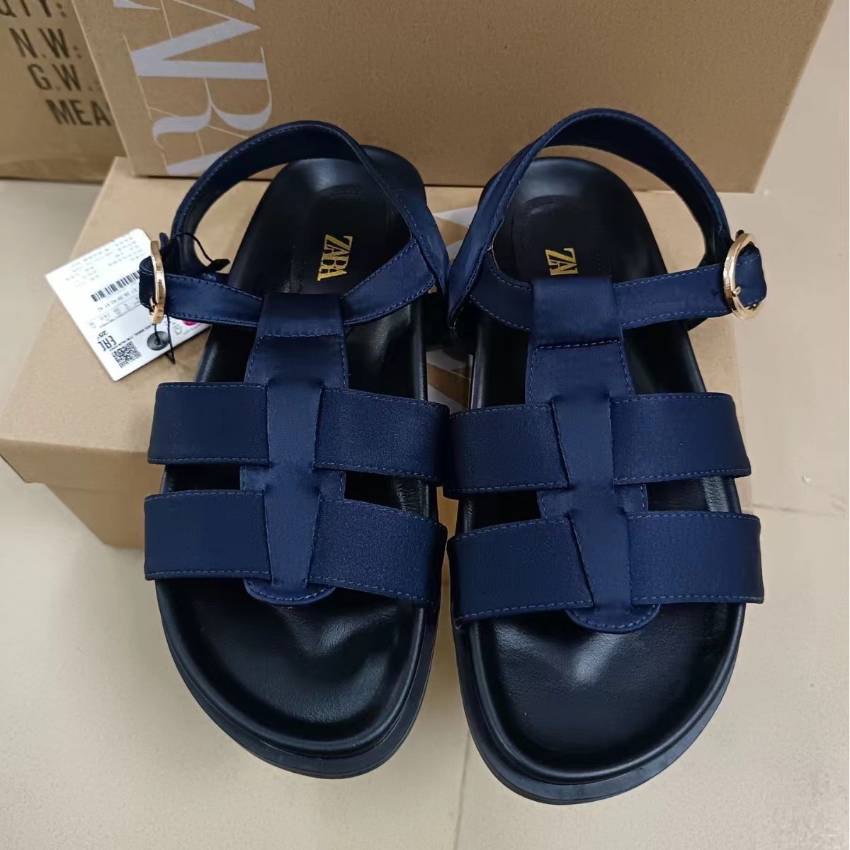 ZA2024 Summer New Product Foreign Trade Round Head Women's Shoes Cross Straight with Shallow Mouth Metal Buckle Decoration Versatile Sandals for Women