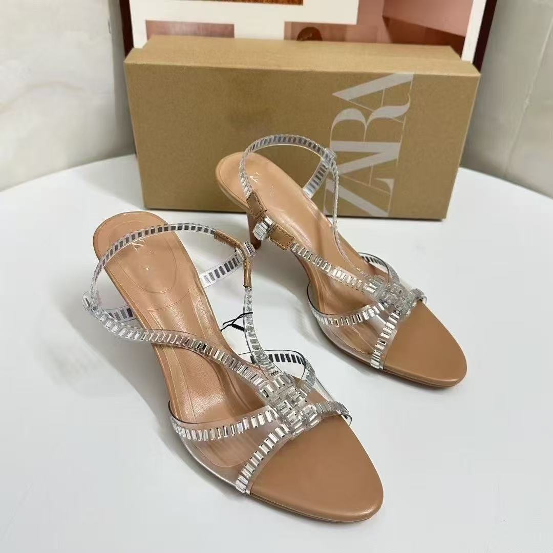 Silver open toed rhinestone transparent wine glass and Roman sandals with feminine fairy style crystal high heels, niche design