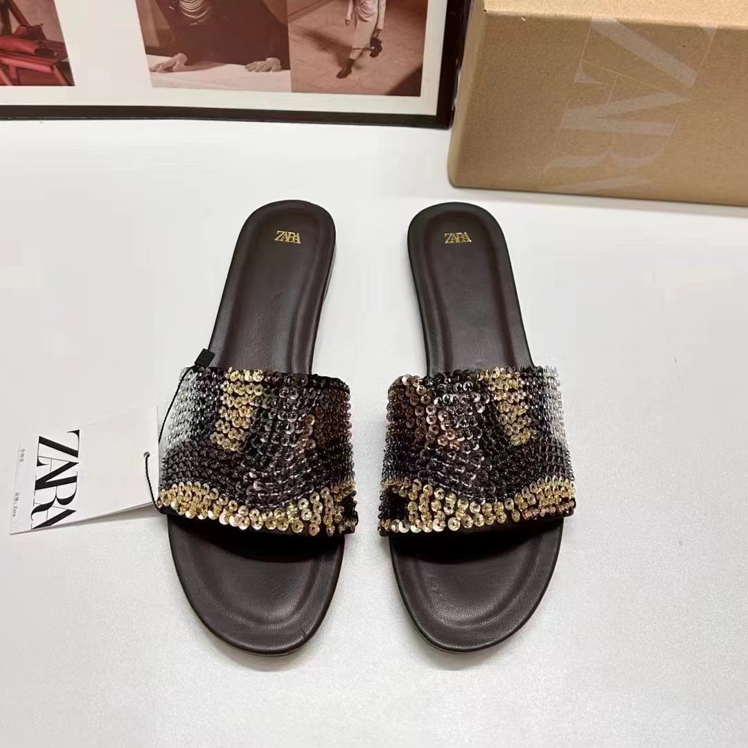 ZA2024 Summer New Women's Shoes Beaded Decoration Flat Fashion Sandals Casual Outerwear Color blocked One Word Women's Shoes