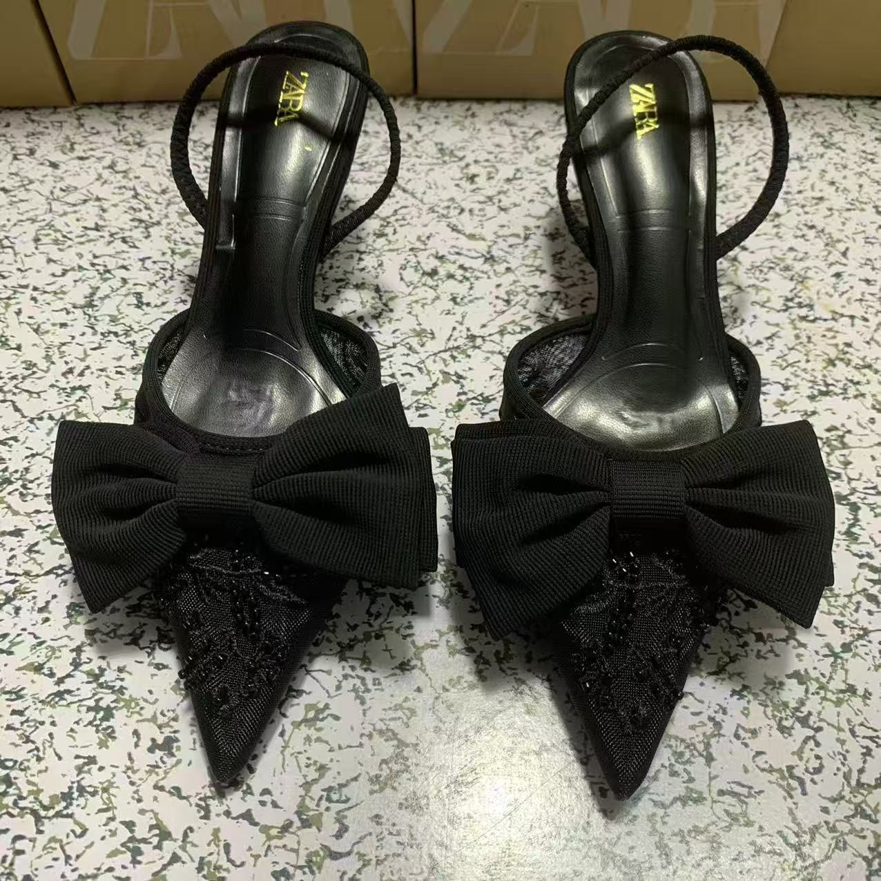 ZA Home 2025 New Women's Shoes Low Heels, High Heels for socialites, with shallow toe caps and a back strap, single shoe, black bow