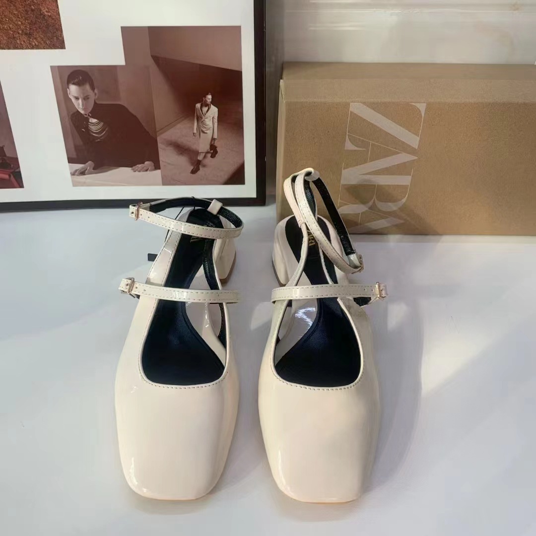 ZA Spring New 2024 Fashion Square Head Mary Jane One Word Thin Strap Buckle Rear Tripping Strap Exposed Heel Thick Heel Sandals for Women