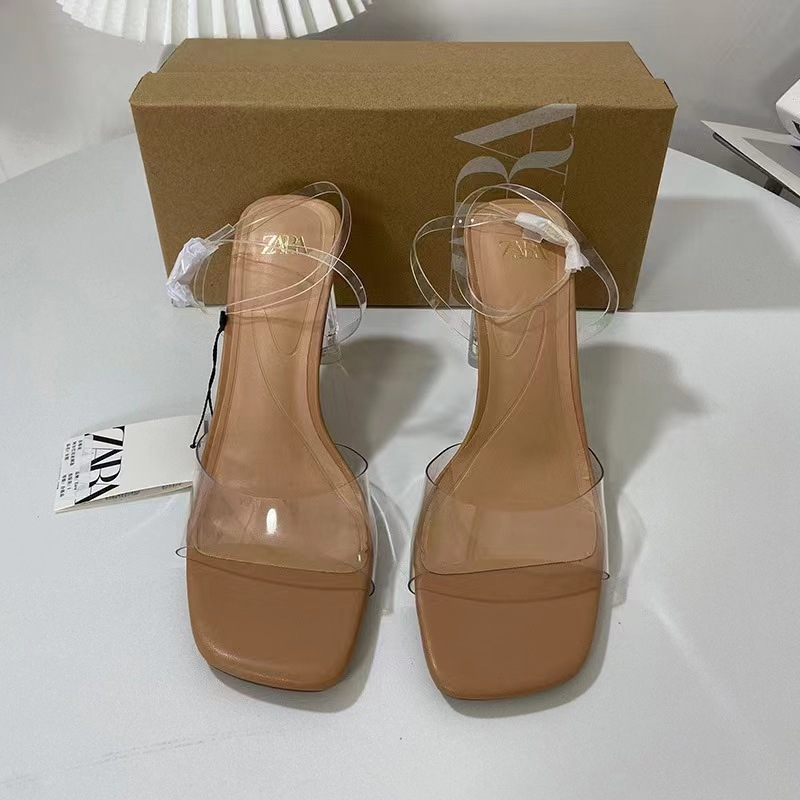 Spain 2024 summer new versatile French niche style open toe rhinestone thin heel transparent sandals for women