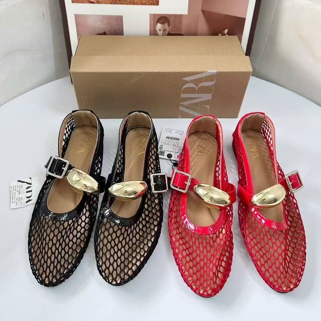 Metal buckle fishing net hollowed out flat bottomed Mary Jane single shoes for women in spring, French straight ribbon ballet mesh sandals for women